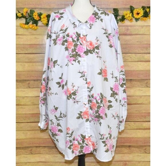 Roaman's 6X 44W White Button Front Blouse Top Pretty Pink Rose Floral Cottage - Picture 1 of 9